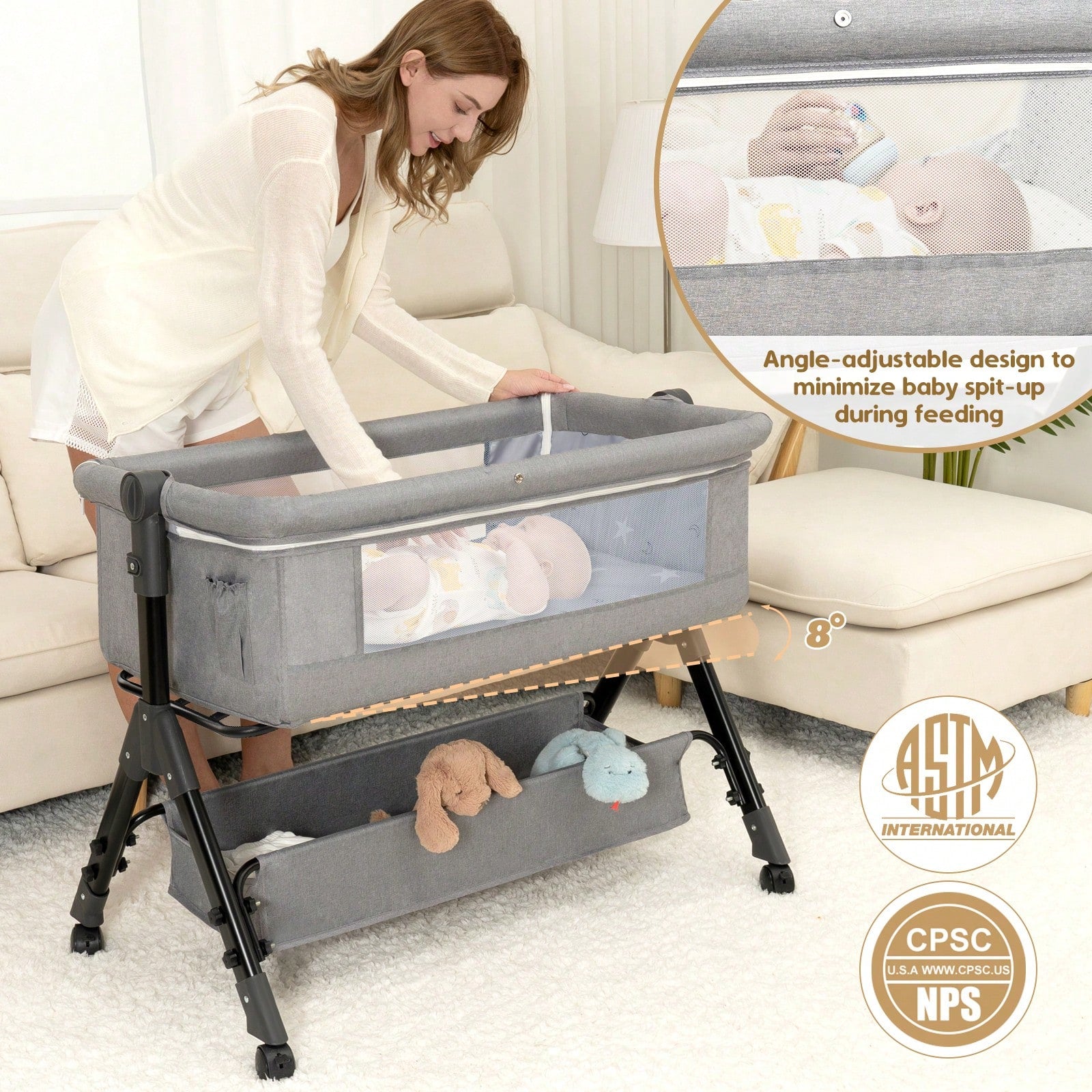 3-In-1 Baby Bassinet Bedside Sleeper, Convertible Baby Crib With Rocking Mode, Wheels And Adjustable Height,Storage Basket And Removable Mosquito Net