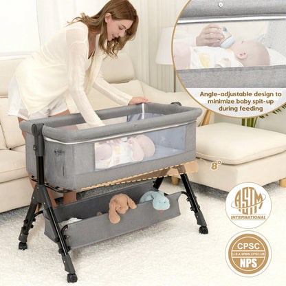 3-In-1 Baby Bassinet Bedside Sleeper, Convertible Baby Crib With Rocking Mode, Wheels And Adjustable Height,Storage Basket And Removable Mosquito Net