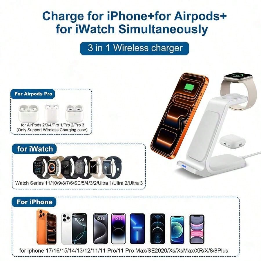 3 In 1 Wireless Charger Fast Charging Dock Multifunctional Charging Station Compatible With IPhone 17 16 15 14 13 12 11 Pro/Max/Plus Compatible With Apple Watch Ultra 11 SE 10 9 8 7 6 5 4 3 2 Compatib