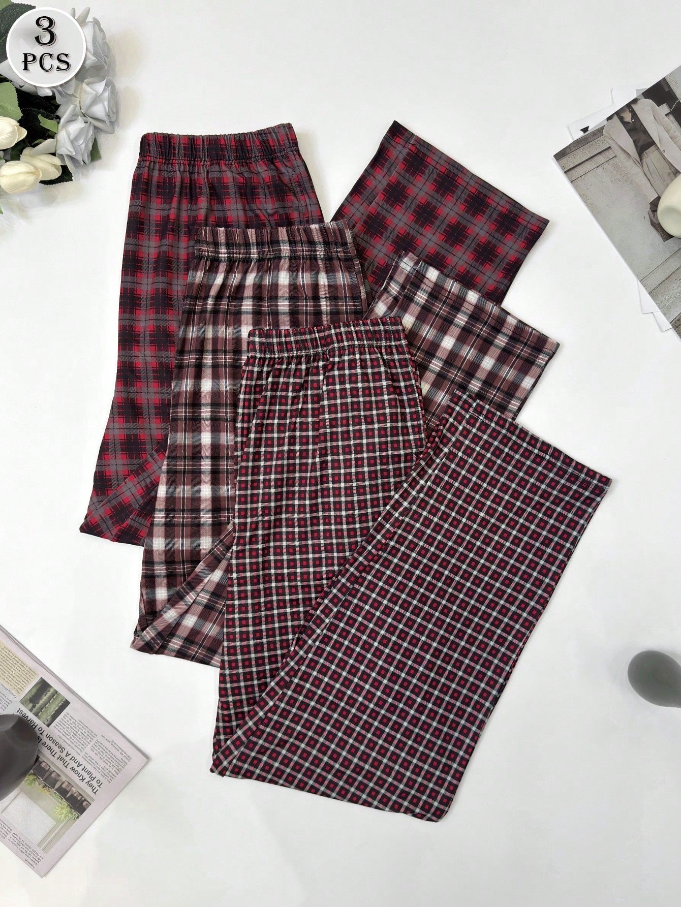 3 Packs Men's Plaid Printed Straight Leg Pajama Pants, Breathable Loose Elastic Waist Sports Pants With Pockets, Multi-Color Fall Winter Casual Set