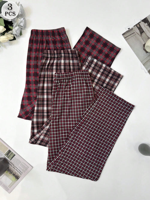 3 Packs Men's Plaid Printed Straight Leg Pajama Pants, Breathable Loose Elastic Waist Sports Pants With Pockets, Multi-Color Fall Winter Casual Set