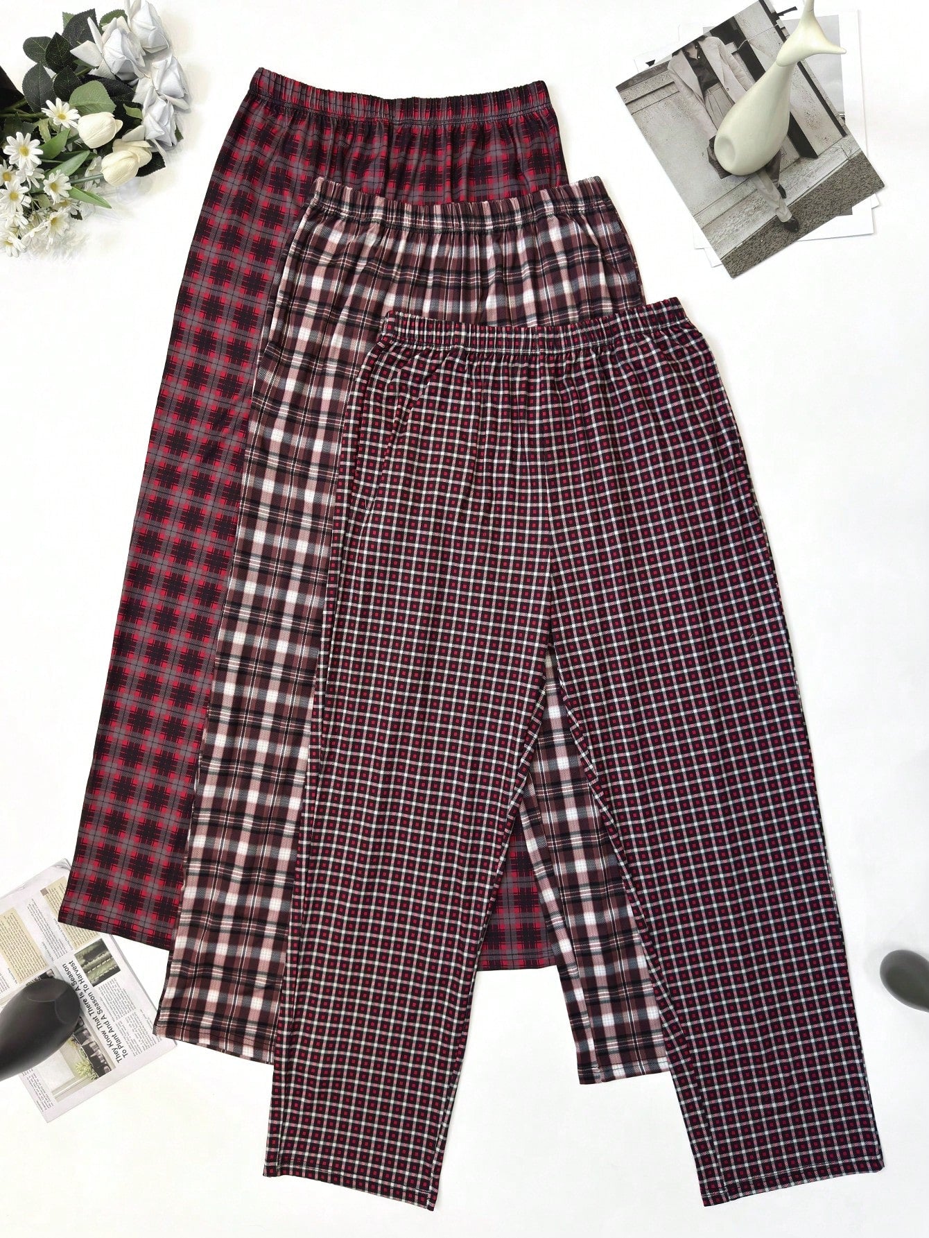 3 Packs Men's Plaid Printed Straight Leg Pajama Pants, Breathable Loose Elastic Waist Sports Pants With Pockets, Multi-Color Fall Winter Casual Set