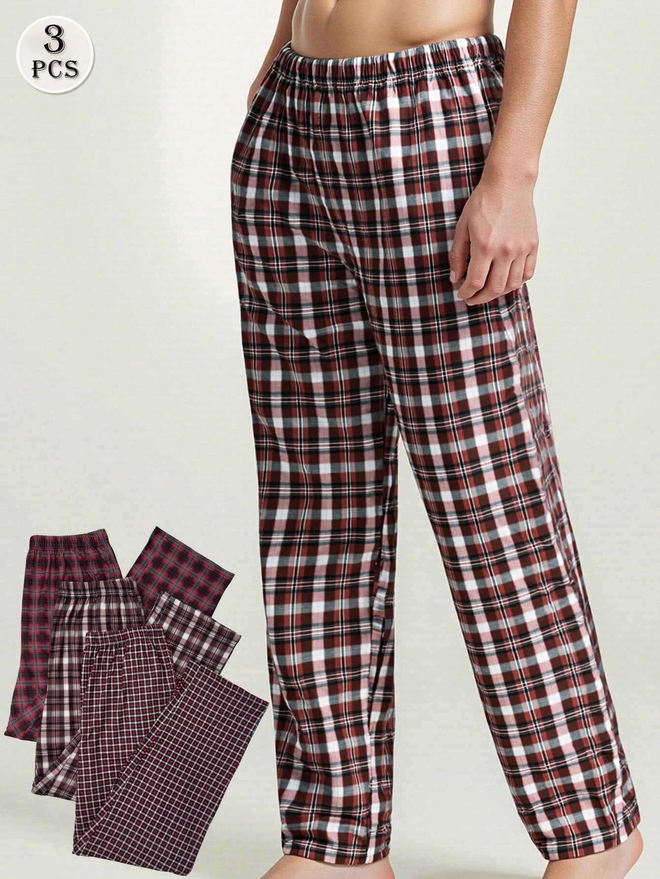 3 Packs Men's Plaid Printed Straight Leg Pajama Pants, Breathable Loose Elastic Waist Sports Pants With Pockets, Multi-Color Fall Winter Casual Set