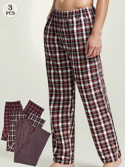3 Packs Men's Plaid Printed Straight Leg Pajama Pants, Breathable Loose Elastic Waist Sports Pants With Pockets, Multi-Color Fall Winter Casual Set