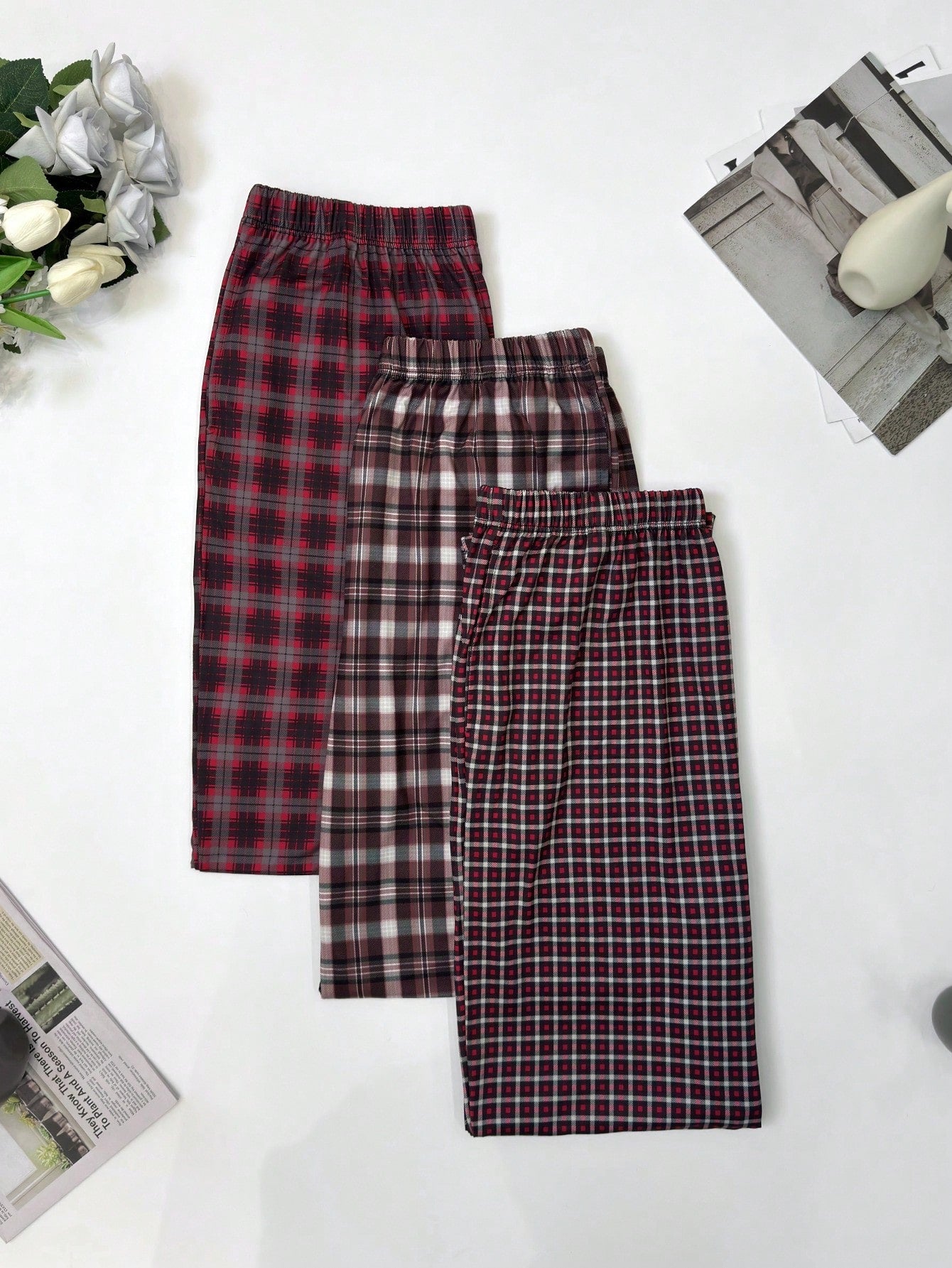 3 Packs Men's Plaid Printed Straight Leg Pajama Pants, Breathable Loose Elastic Waist Sports Pants With Pockets, Multi-Color Fall Winter Casual Set