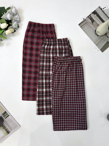 3 Packs Men's Plaid Printed Straight Leg Pajama Pants, Breathable Loose Elastic Waist Sports Pants With Pockets, Multi-Color Fall Winter Casual Set