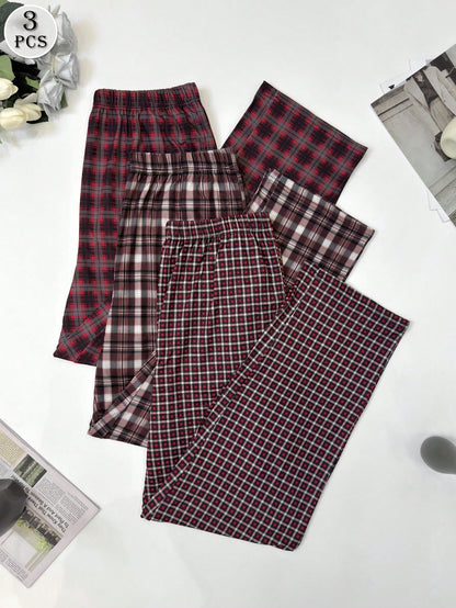 3 Packs Men's Plaid Printed Straight Leg Pajama Pants, Breathable Loose Elastic Waist Sports Pants With Pockets, Multi-Color Fall Winter Casual Set