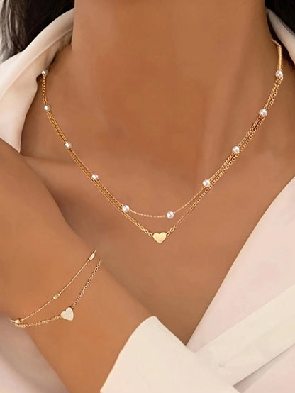 3-Piece Faux Pearl Jewelry Set, Includes Necklace And Bracelet, Suitable For Women's Date, Vacation, Daily Wear, Simple Casual