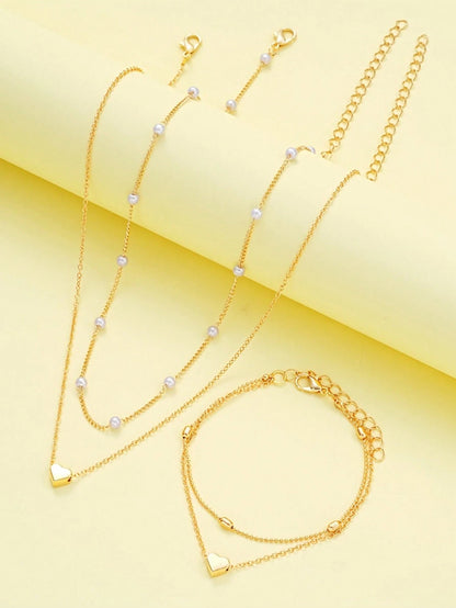 3-Piece Faux Pearl Jewelry Set, Includes Necklace And Bracelet, Suitable For Women's Date, Vacation, Daily Wear, Simple Casual