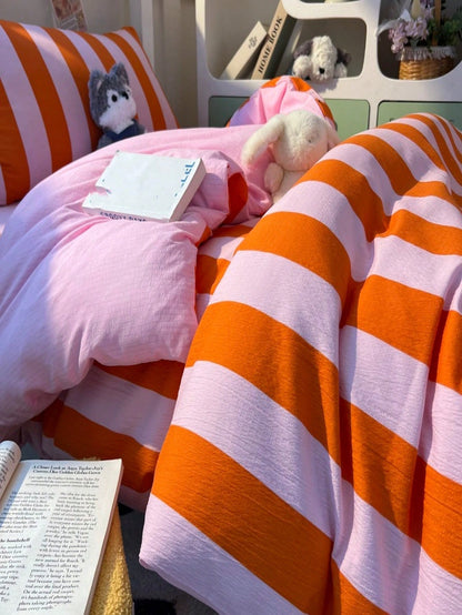 3-Piece Set Minimalist Orange Striped Bedding Duvet Cover Set Queen Size- Ultra Soft Polyester Duvet Cover Series- Lightweight Duvet Cover- Soft Breathable Bedding (Queen, Orange)