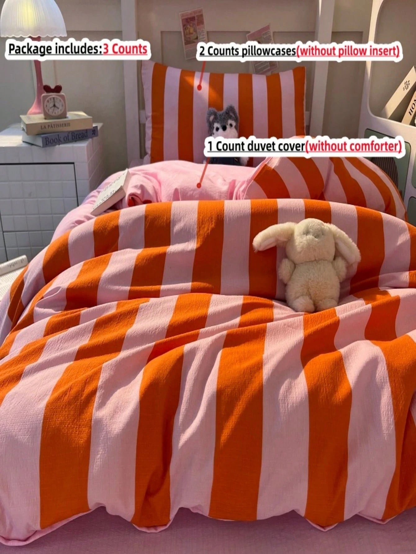 3-Piece Set Minimalist Orange Striped Bedding Duvet Cover Set Queen Size- Ultra Soft Polyester Duvet Cover Series- Lightweight Duvet Cover- Soft Breathable Bedding (Queen, Orange)