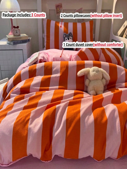 3-Piece Set Minimalist Orange Striped Bedding Duvet Cover Set Queen Size- Ultra Soft Polyester Duvet Cover Series- Lightweight Duvet Cover- Soft Breathable Bedding (Queen, Orange)