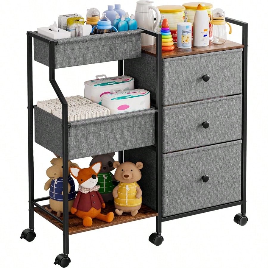 3-Tier Rolling Storage Cart With Dividers & Drawers, Mobile Utility Organizer With Wheels, Easy-Assembly Utility Cart For Nursery, Bedroom, Changing Table & Crib Organization, Multi-Purpose Home Stora