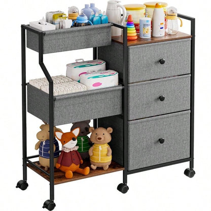 3-Tier Rolling Storage Cart With Dividers & Drawers, Mobile Utility Organizer With Wheels, Easy-Assembly Utility Cart For Nursery, Bedroom, Changing Table & Crib Organization, Multi-Purpose Home Stora