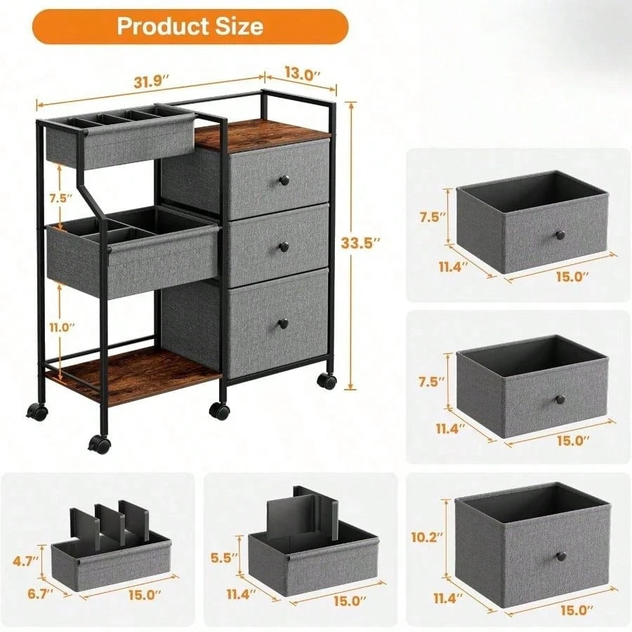 3-Tier Rolling Storage Cart With Dividers & Drawers, Mobile Utility Organizer With Wheels, Easy-Assembly Utility Cart For Nursery, Bedroom, Changing Table & Crib Organization, Multi-Purpose Home Stora