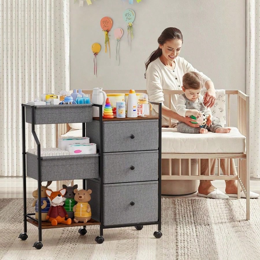 3-Tier Rolling Storage Cart With Dividers & Drawers, Mobile Utility Organizer With Wheels, Easy-Assembly Utility Cart For Nursery, Bedroom, Changing Table & Crib Organization, Multi-Purpose Home Stora