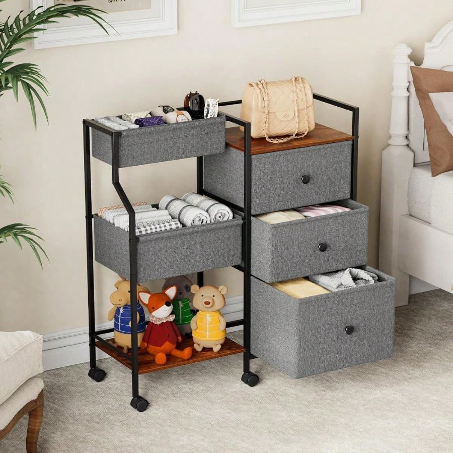 3-Tier Rolling Storage Cart With Dividers & Drawers, Mobile Utility Organizer With Wheels, Easy-Assembly Utility Cart For Nursery, Bedroom, Changing Table & Crib Organization, Multi-Purpose Home Stora