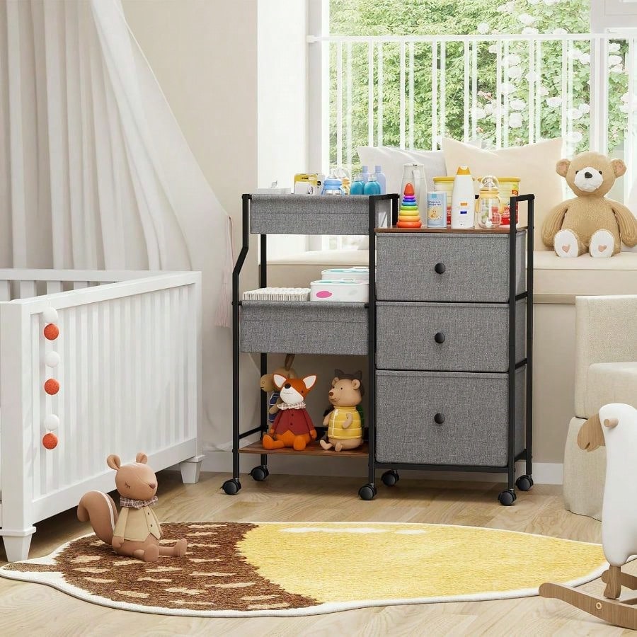 3-Tier Rolling Storage Cart With Dividers & Drawers, Mobile Utility Organizer With Wheels, Easy-Assembly Utility Cart For Nursery, Bedroom, Changing Table & Crib Organization, Multi-Purpose Home Stora
