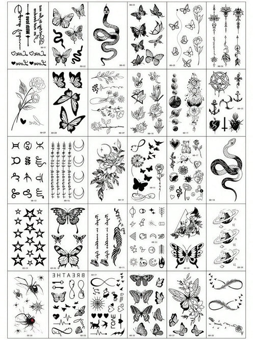 30/5pcs Creative Temporary Tattoo Stickers, Including Butterfly, Floral, Fox, Dolphin, Jellyfish, Wings, Feather Designs, Suitable For Both Men And Women, Waterproof, Can Be Applied On Arms, Face, Fin