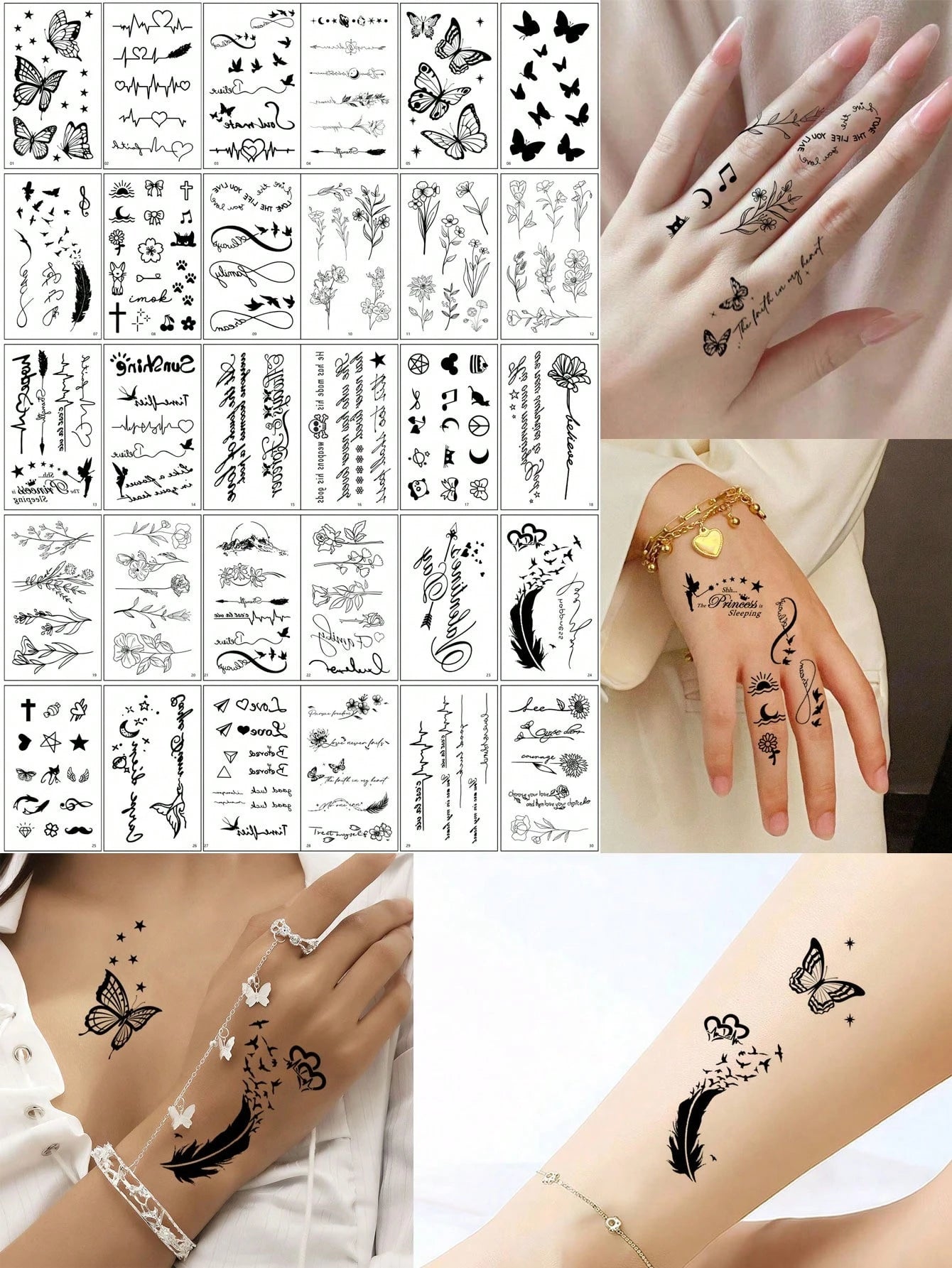 30 Sheets Small Size Temporary Tattoo Stickers For Men And Women, Black Flower, Heart, Feather, Lettering Disposable Finger & Hand Tattoo Body Decoration,Sketch Style