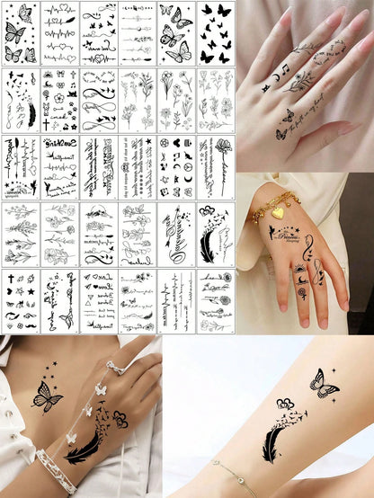 30 Sheets Small Size Temporary Tattoo Stickers For Men And Women, Black Flower, Heart, Feather, Lettering Disposable Finger & Hand Tattoo Body Decoration,Sketch Style