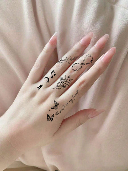 30 Sheets Small Size Temporary Tattoo Stickers For Men And Women, Black Flower, Heart, Feather, Lettering Disposable Finger & Hand Tattoo Body Decoration,Sketch Style