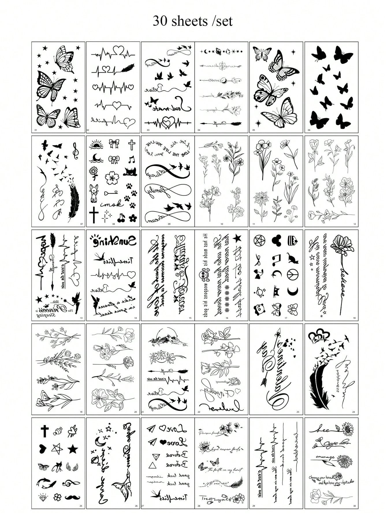 30 Sheets Small Size Temporary Tattoo Stickers For Men And Women, Black Flower, Heart, Feather, Lettering Disposable Finger & Hand Tattoo Body Decoration,Sketch Style