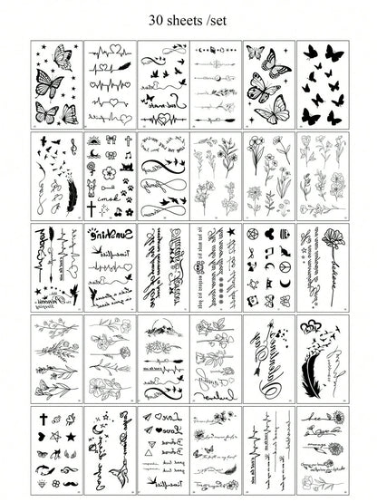 30 Sheets Small Size Temporary Tattoo Stickers For Men And Women, Black Flower, Heart, Feather, Lettering Disposable Finger & Hand Tattoo Body Decoration,Sketch Style