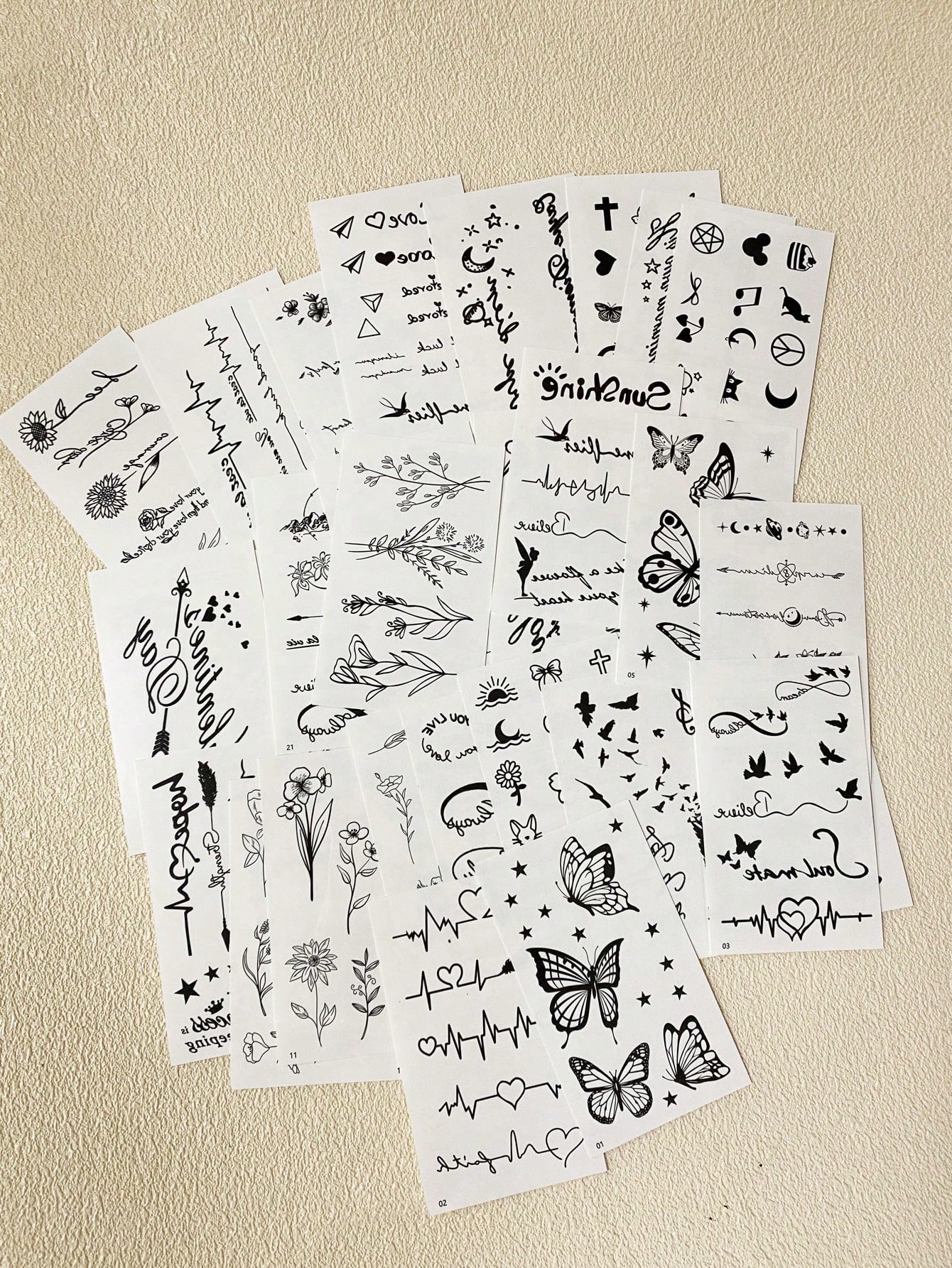 30 Sheets Small Size Temporary Tattoo Stickers For Men And Women, Black Flower, Heart, Feather, Lettering Disposable Finger & Hand Tattoo Body Decoration,Sketch Style