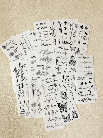 30 Sheets Small Size Temporary Tattoo Stickers For Men And Women, Black Flower, Heart, Feather, Lettering Disposable Finger & Hand Tattoo Body Decoration,Sketch Style