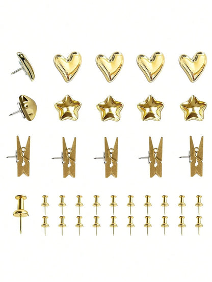 35pcs Gold-Plated Plastic Push Pins, Multi-Functional Office Supplies, Suitable For Cork Board Decoration, Bulletin Board Arrangement, Photo Wall Embellishment, Document Fixing, Map Marking, Handmade