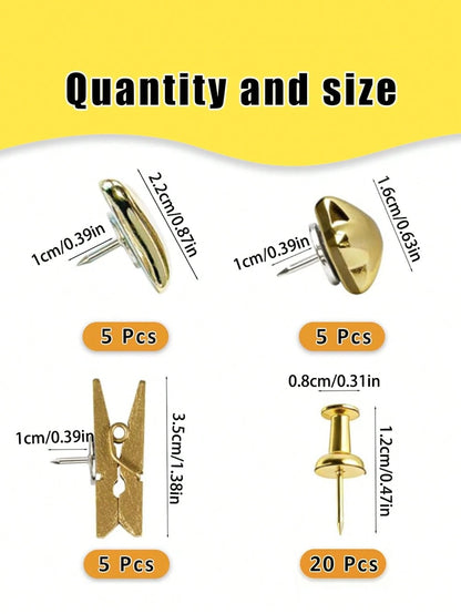 35pcs Gold-Plated Plastic Push Pins, Multi-Functional Office Supplies, Suitable For Cork Board Decoration, Bulletin Board Arrangement, Photo Wall Embellishment, Document Fixing, Map Marking, Handmade