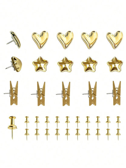 35pcs Gold-Plated Plastic Push Pins, Multi-Functional Office Supplies, Suitable For Cork Board Decoration, Bulletin Board Arrangement, Photo Wall Embellishment, Document Fixing, Map Marking, Handmade