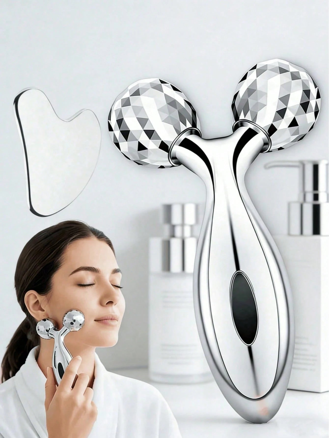 3D Facial Roller And Stainless Steel Gua Sha Set, Metal Facial Massage Tool For Lymphatic Drainage, Reducing Puffiness And Redness, Icy Skincare Sculpting Set For Facial Lifting And Relaxation, Portab