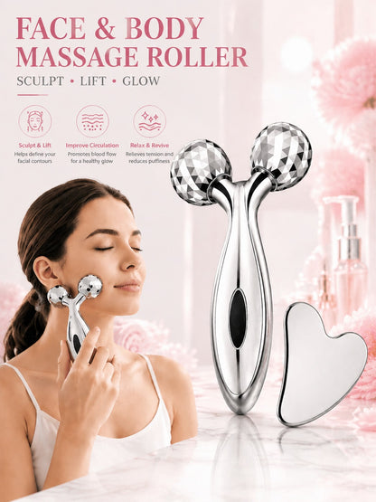 3D Facial Roller And Stainless Steel Gua Sha Set, Metal Facial Massage Tool For Lymphatic Drainage, Reducing Puffiness And Redness, Icy Skincare Sculpting Set For Facial Lifting And Relaxation, Portab