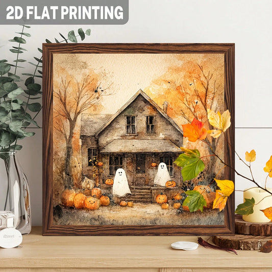 3D Flat- 8x8 Inch Wood Frame Signage With Classic Halloween Ghost And Pumpkin Design, Perfect For Decorating Your Farmhouse, Kitchen, Bedroom, Or Living Room This Fall