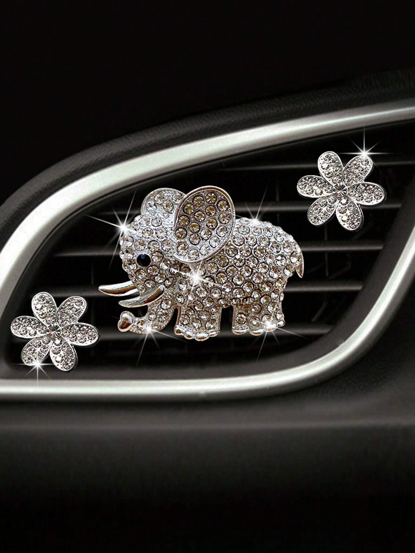 3pcs/6pcs Full Rhinestone Elephant & Hexagon Flower Car Air Vent Fragrance Clip Decorations