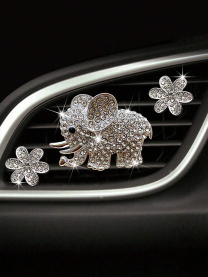 3pcs/6pcs Full Rhinestone Elephant & Hexagon Flower Car Air Vent Fragrance Clip Decorations