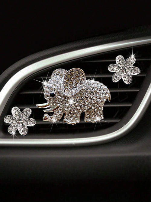 3pcs/6pcs Full Rhinestone Elephant & Hexagon Flower Car Air Vent Fragrance Clip Decorations
