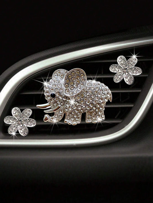 3pcs/6pcs Full Rhinestone Elephant & Hexagon Flower Car Air Vent Fragrance Clip Decorations