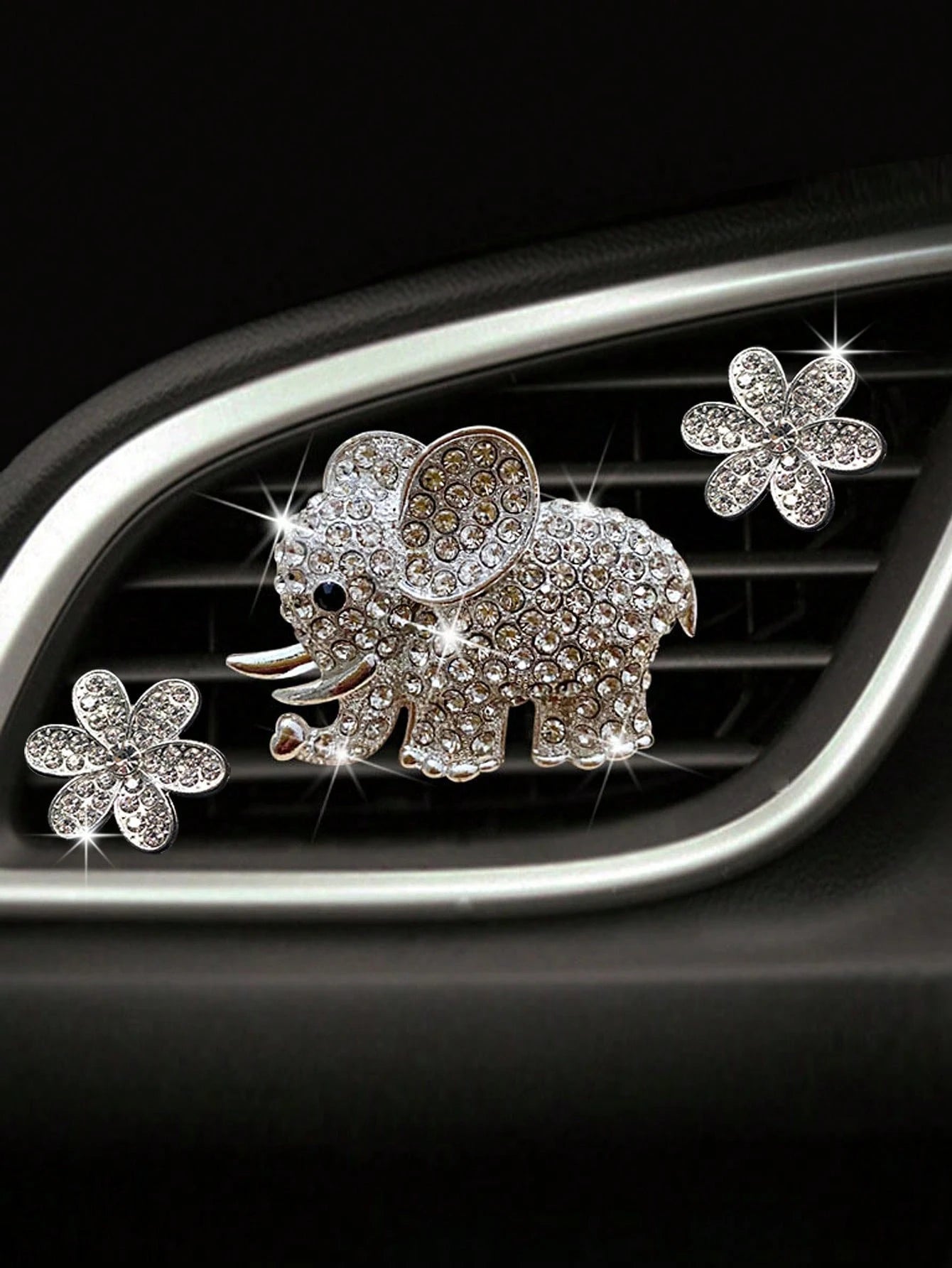 3pcs/6pcs Full Rhinestone Elephant & Hexagon Flower Car Air Vent Fragrance Clip Decorations