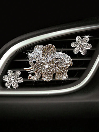 3pcs/6pcs Full Rhinestone Elephant & Hexagon Flower Car Air Vent Fragrance Clip Decorations