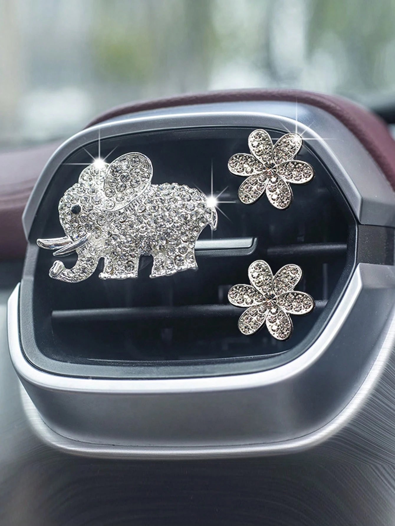 3pcs/6pcs Full Rhinestone Elephant & Hexagon Flower Car Air Vent Fragrance Clip Decorations