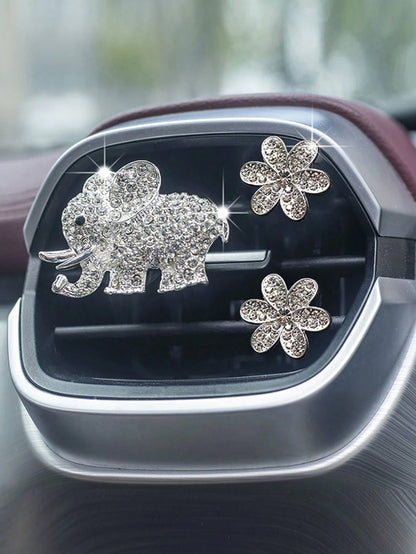 3pcs/6pcs Full Rhinestone Elephant & Hexagon Flower Car Air Vent Fragrance Clip Decorations