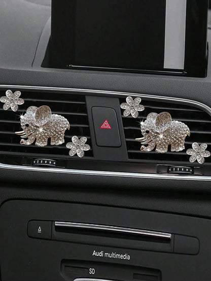 3pcs/6pcs Full Rhinestone Elephant & Hexagon Flower Car Air Vent Fragrance Clip Decorations