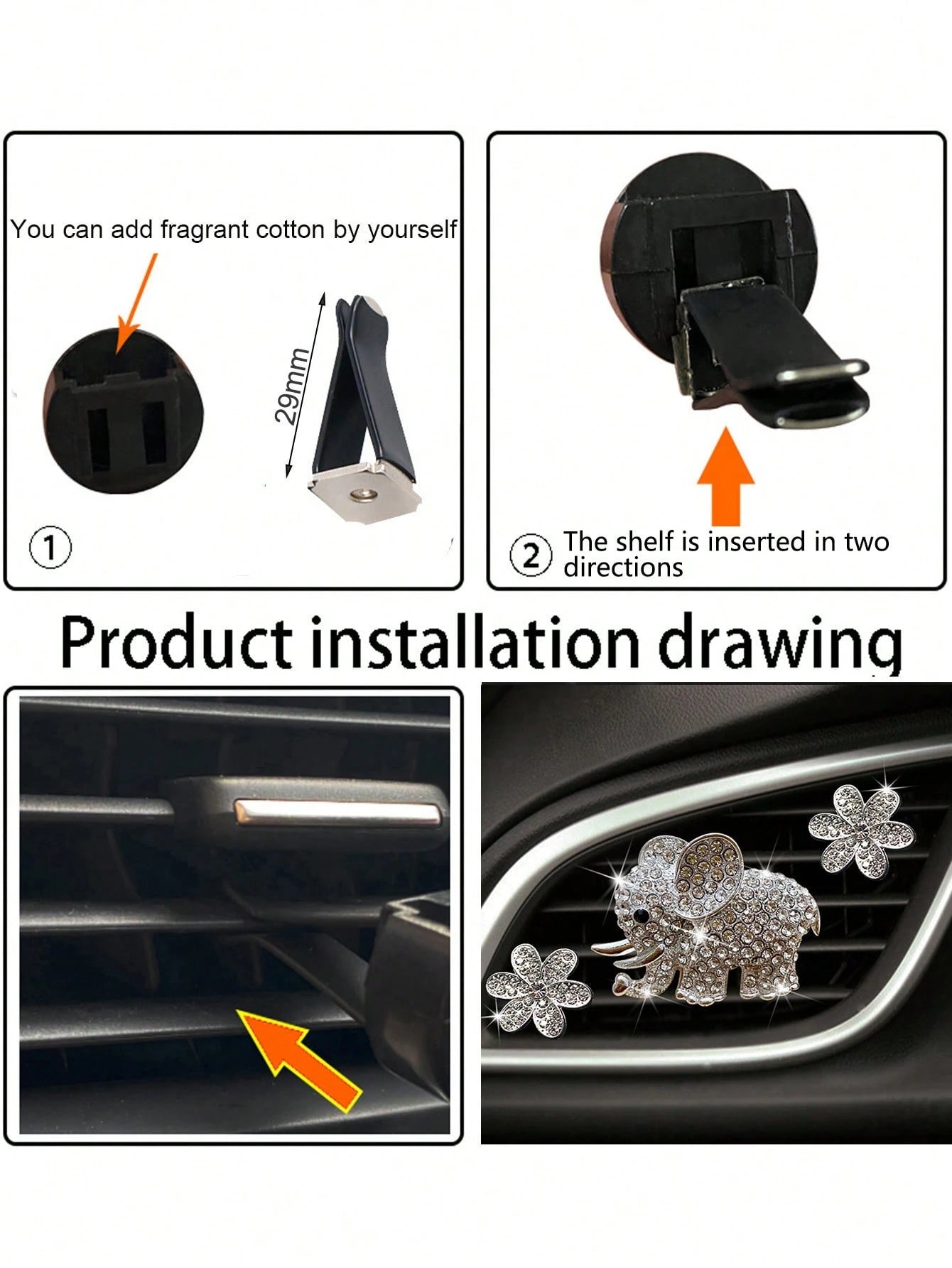 3pcs/6pcs Full Rhinestone Elephant & Hexagon Flower Car Air Vent Fragrance Clip Decorations