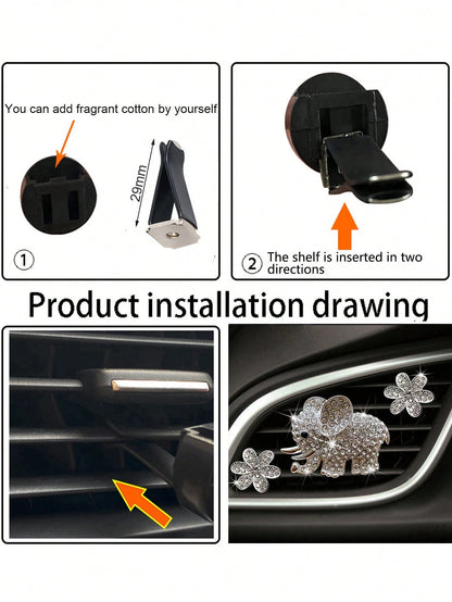 3pcs/6pcs Full Rhinestone Elephant & Hexagon Flower Car Air Vent Fragrance Clip Decorations