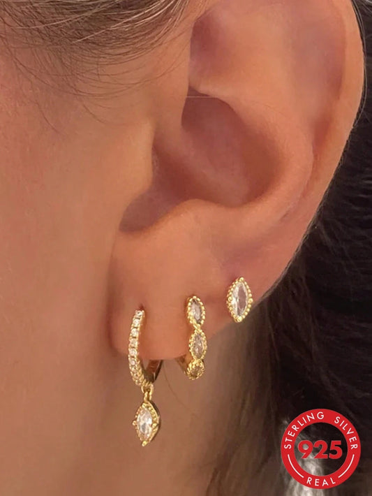 3pcs Asymmetric Zirconia 925 Sterling Silver Single Earrings, Women's Pierced Earrings, Suitable For Wedding Bride Jewelry