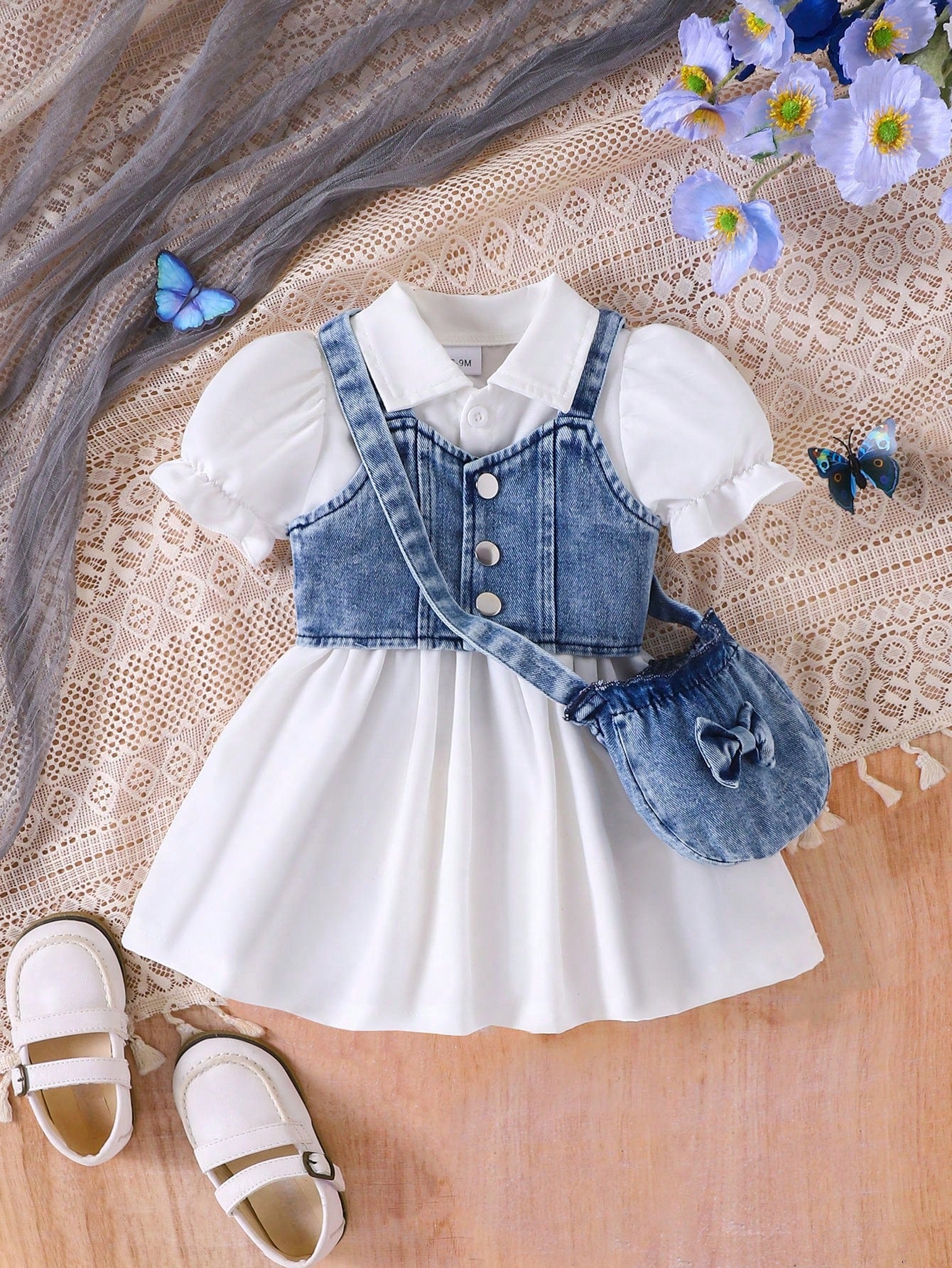 3pcs Baby Girl Set: Denim Cropped Vest Jacket, Solid Polo Collar Puff Sleeve Ruched Waist Dress And Denim Bow Decor Crossbody Bag