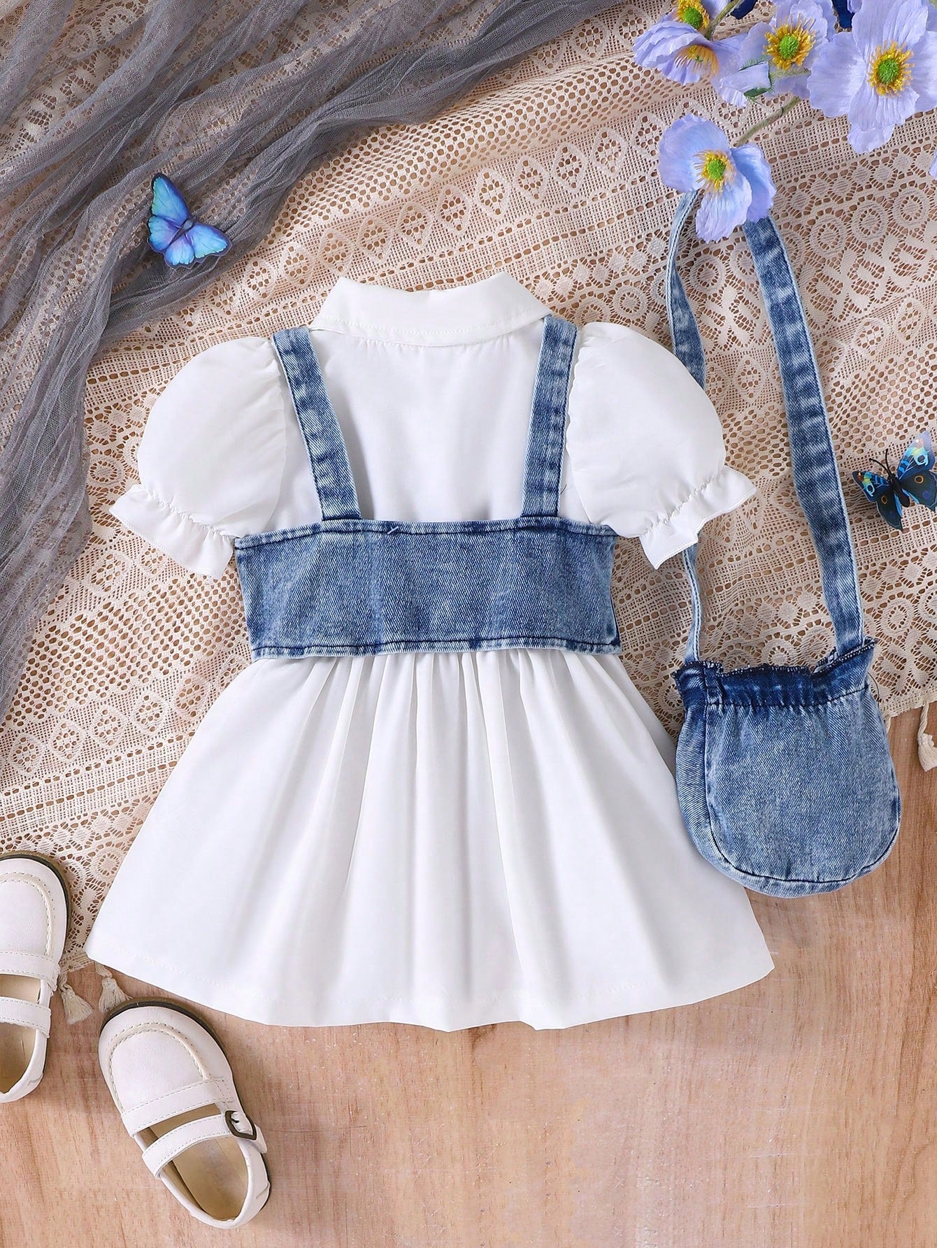 3pcs Baby Girl Set: Denim Cropped Vest Jacket, Solid Polo Collar Puff Sleeve Ruched Waist Dress And Denim Bow Decor Crossbody Bag